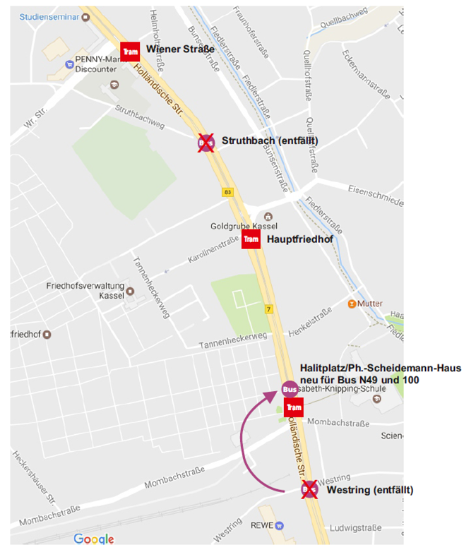 Linie 100 Kassel –Flughafen Calden – Änderungen an Haltestellen in Nordstadt