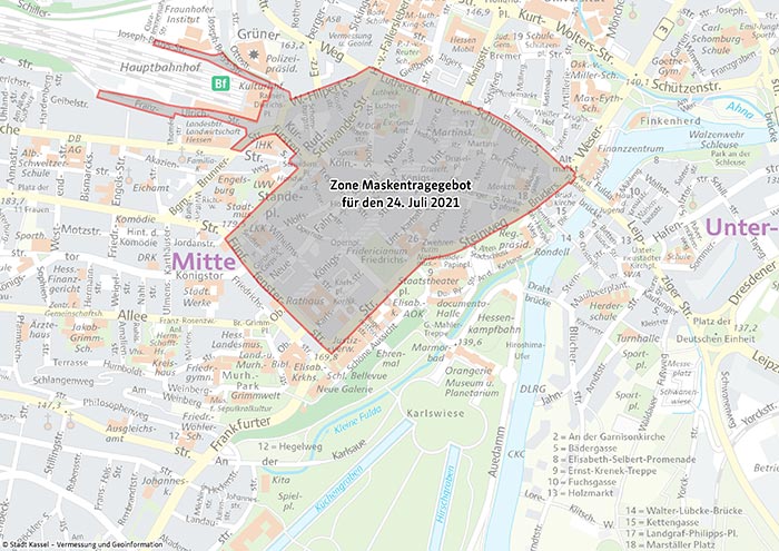 Schutz der Bevölkerung: Stadt ordnet für Samstag von 8 bis 21 Uhr eine Mund-Nasen-Bedeckungspflicht in Teilen des Stadtgebiets an